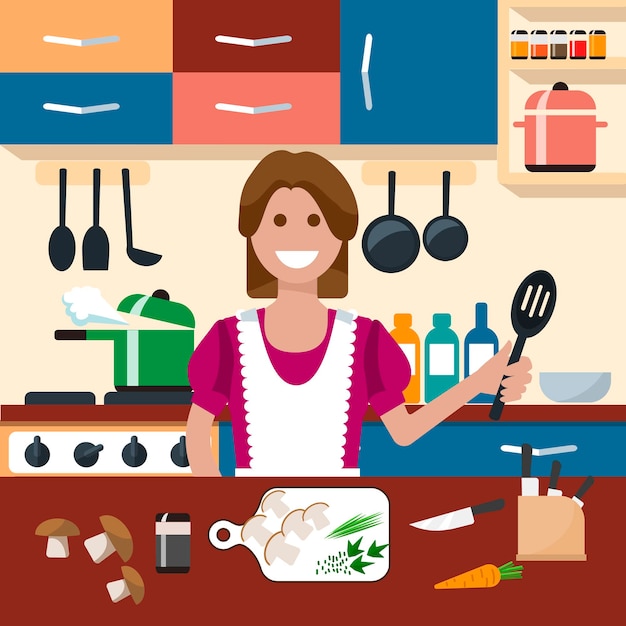 Kuchnia Płaska Ikona Ilustracja Koncepcja Kreatywnych, Gospodyni Domowa Z Naczyniami Kuchennymi, Nożem, Patelnią, Na Plakaty I Banery