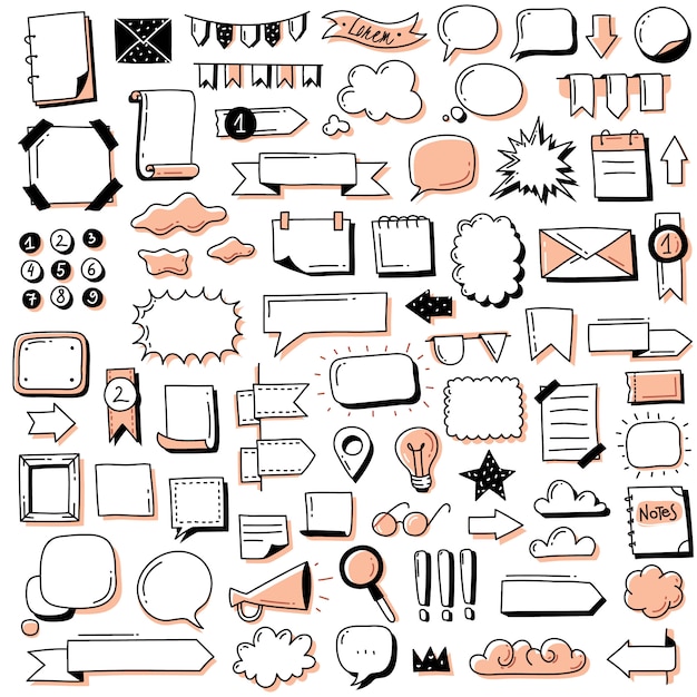 Kula czasopisma doodle zestaw bannerów. Ręcznie rysowane gryzmoły bullet czasopisma banery i elementy do notebooka, pamiętnika i terminarza