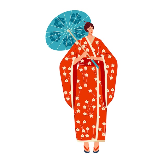 Kultura Narodowa Kolorowe Japońskie Kimono Piękna Dziewczyna Urocza Kobieta Moda Wektor Kreskówki