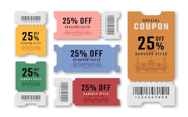 Plik wektorowy kupon rabatowy ramadan sale kupon rabatowy 25% zniżki na zakupy z kodem promocyjnym i najlepszą sprzedaż detaliczną w ramach promocji