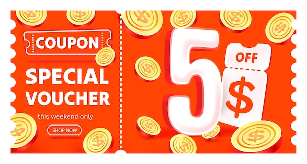 Kupon Specjalny Kupon 5 Dolarów Sprawdź Baner Oferta Specjalna Wektor