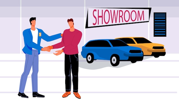 Kupujący i dealer samochodowy na ilustracji wektorowych płaski salon samochodowy Nowa scena zakupu samochodu