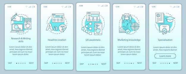 Kursy marketingu cyfrowego onboarding szablon wektora ekranu strony aplikacji mobilnej. Witryna z przewodnikiem po copywritingu. Tworzenie treści. Promocja, pisanie tekstów reklamowych. Interfejs smartfona UX, UI, GUI