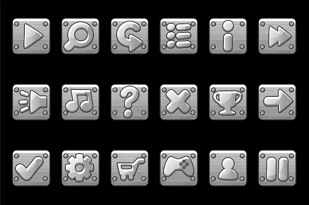 Plik wektorowy kwadratowe, metalicznie szare przyciski do graficznego interfejsu użytkownika gry. zestaw ikon aplikacji znaków dla interfejsu użytkownika.