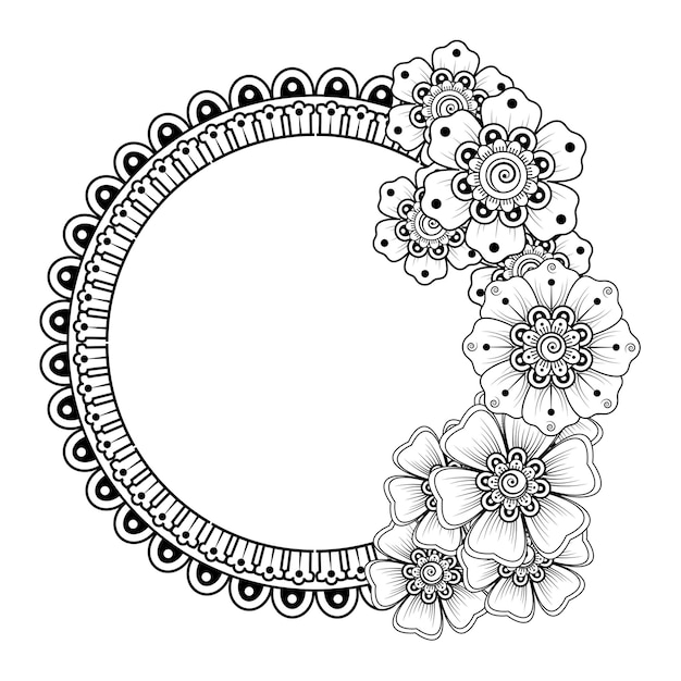 Kwiat Mehndi Do Henny, Mehndi, Dekoracji. Ozdobny Ornament W Etnicznym Stylu Orientalnym. Doodle Ornament. Zarys Ilustracji Rysować Ręka. Książka Do Kolorowania.