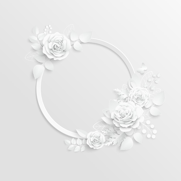 Plik wektorowy kwiat papierowy okrągła ramka z abstrakcyjnie wyciętymi kwiatami biała róża dekoracje weselne dekoracje ślubne