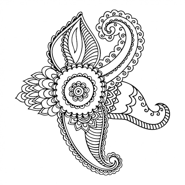 Kwiatki Mehndi. Dekoracja W Etnicznym Orientalnym, Indyjskim Stylu. Doodle Ornament. Ilustracja Rysować Ręka Zarys.