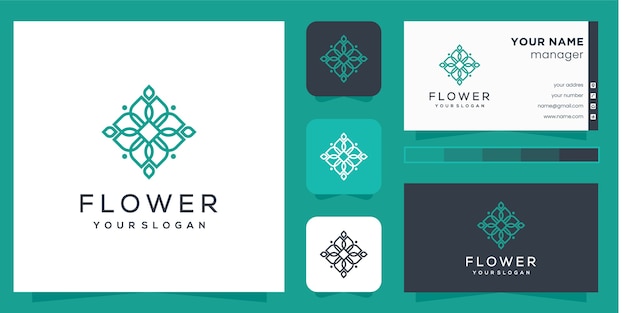Kwiatowe logo ze stylem grafiki liniowej i wizytówką