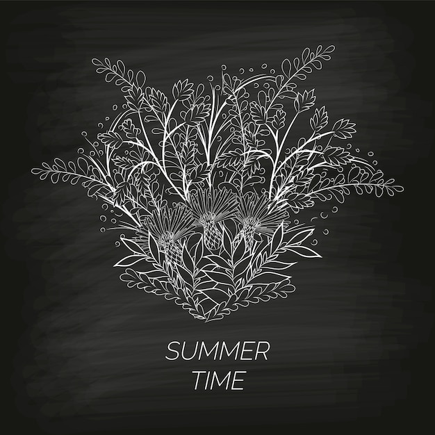 Plik wektorowy kwiatowe tło lato w postaci wieńca chabrów i liści rysowane ręcznie na czarnej nieczystej tablicy.