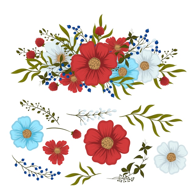Plik wektorowy kwiatowy clipartów czerwony, jasnoniebieski, białe pojedyncze kwiaty i liście