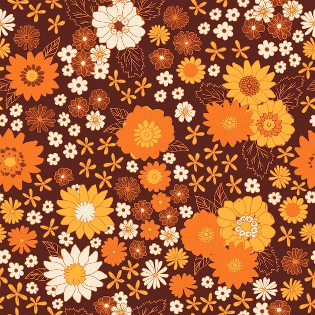 Kwiatowy vintage bezszwowy wzór Boho wektorowe tło Hippie flower power retro tekstylny druk Groovy botaniczne tapety