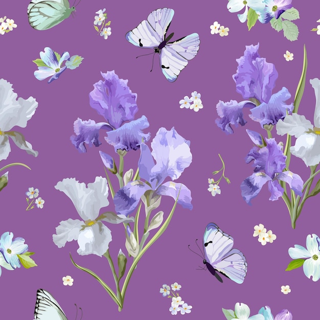 Kwiatowy wzór z fioletowymi kwitnącymi kwiatami tęczówki i latającymi motylami