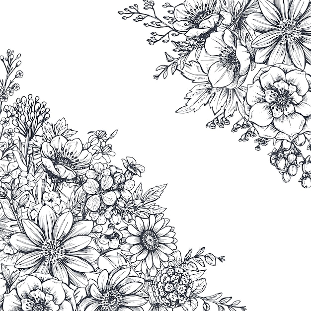 Kwiatowy z ręcznie rysowane kwiaty i rośliny. Monochromia