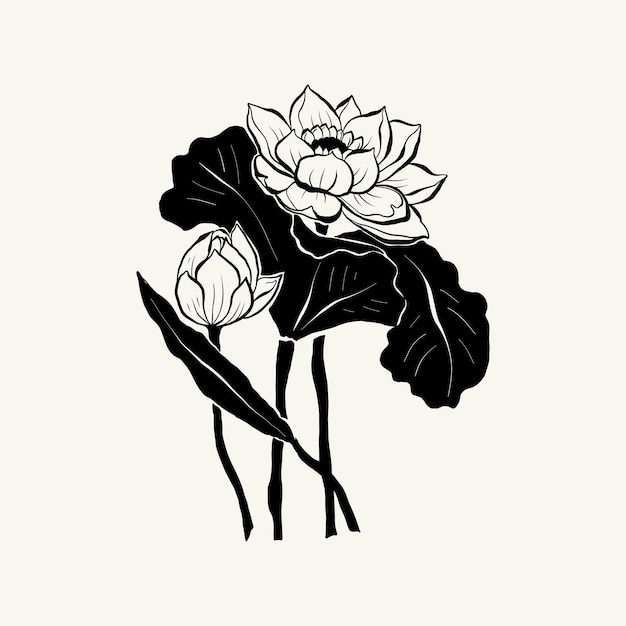 Kwiaty, ilustracja botaniczna. Czarny atrament, linia, doodle styl.