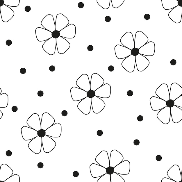Kwiaty Ręcznie Rysunek Czarno-biały Wzór Doodle Minimalistyczne Tło Wektor