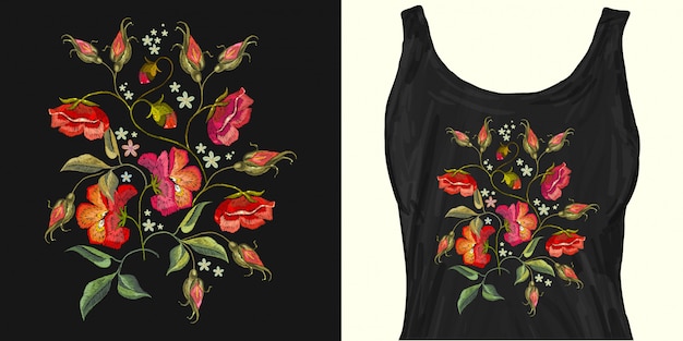 Plik wektorowy kwiaty róż haftu. modny design odzieży