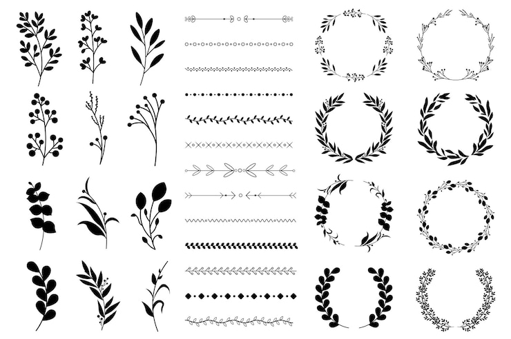 Wektor kwiaty winiety i wieńce mega zestaw w płaskim projekcie kreskówki pakiet elementów czarnej grafiki gałązki lub gałęzie wieńce laurowe granice botaniczne ilustracja wektorowa izolowane obiekty graficzne
