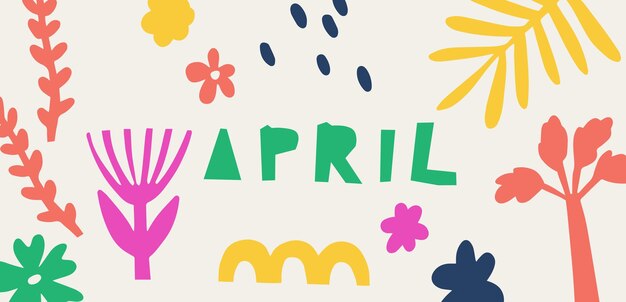 Kwiecień Abstrakcyjne tło z botanicznymi doodles Wektor wielokolorowy ręcznie narysowany druk dla projektu baner kalendarza