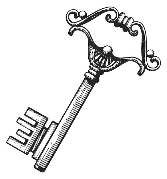 Plik wektorowy kwiecisty klucz grawerowanie vintage szkic ochrony drzwi na białym tle