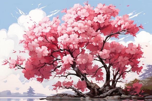 Kwitnąca Różowa Sakura Na łące Ilustracja Wektorowa Japońskie Wiśnie Na Zielonym łące Spr