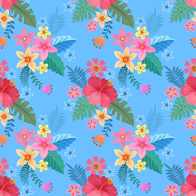 Kwitnące Kolorowe Kwiaty Na Niebieskim Kolorze Bez Szwu Mogą Być Używane Do Tapet Tekstylnych Z Tkaniny