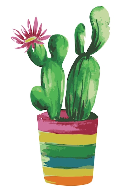 Kwitnący kaktus w kolorowej doniczce ilustracji wektorowych roślin doniczkowych