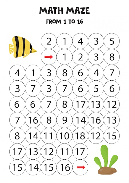 Labirynt Matematyczny Dla Dzieci. Ryba Pływa Do Wodorostów.