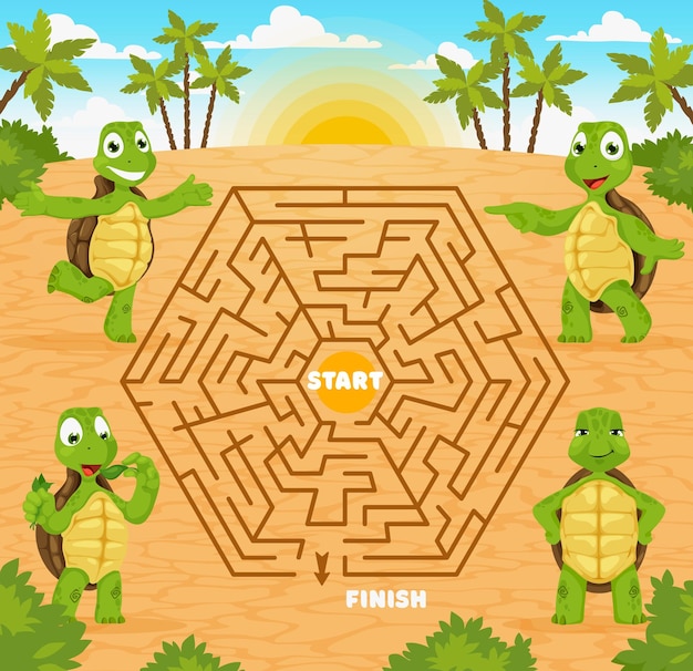Plik wektorowy labiryntowa gra labiryntowa pomaga żółwiowi kreskówkowemu znaleźć wyjście