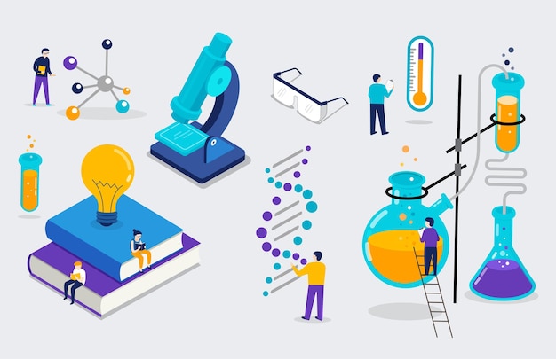 Plik wektorowy laboratorium chemiczne i scena edukacji naukowej w klasie szkolnej z izometrycznymi uczniami miniaturowych ludzi