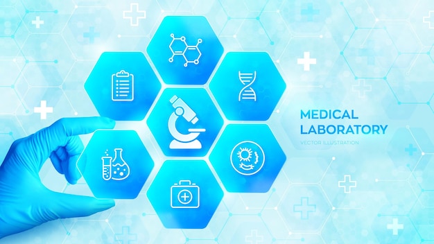 Laboratorium medyczne Koncepcja badań chemicznych lub biologicznych Ręka w niebieskiej rękawiczce umieszcza element w kompozycji z ikonami medycznymi wizualizującymi ilustrację diagnostyczną laboratorium Wektor