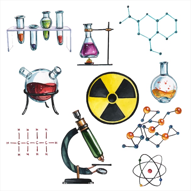 Laboratorium Naukowe Atrybuty Ręcznie Rysowane Zestaw Ilustracji Akwarela. Formuły I Odczynniki, Sprzęt I Materiały Pakiet Narzędzia Laboratoryjne Kolekcja Malarstwa Aquarelle