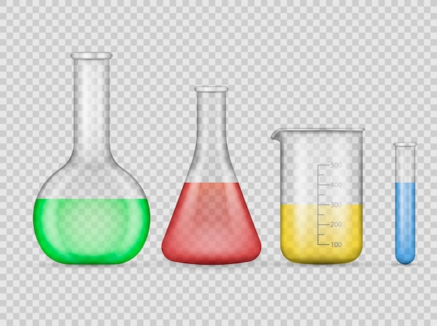Laboratorium przezroczyste instrumenty szklaneZestaw rurek ze szkła medycznego izolowany na przezroczystym tle ilustracji wektorowych