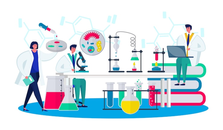 Wektor laboratorium z nauką badania ilustracji wektorowych naukowiec ludzie charakter używa sprzętu laboratoryjnego do...