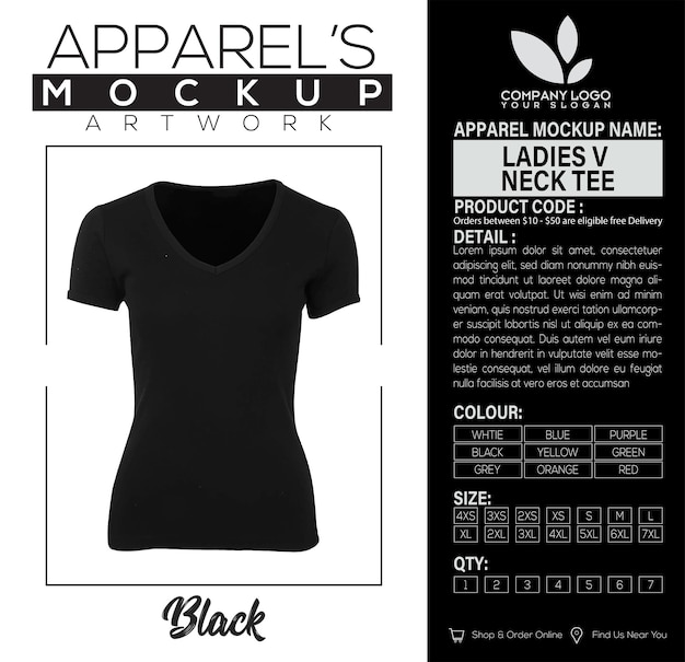 Ladies V Neck Tee Czarna Odzież Mockup Artwork Design