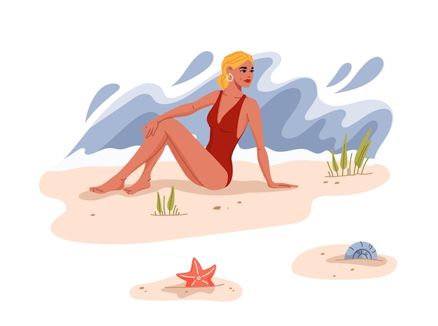 Ładna Blond Kobieta Na Plaży Piasek Dziewczyna Na Letnie Wakacje W Bikini Wektor Morze Podróż Retro Ilustracja Blond Kobieta Na Plaży W Stroju Kąpielowym Pani Relaks Pod Słońcem Nad Morzem Tropikalnego Oceanu