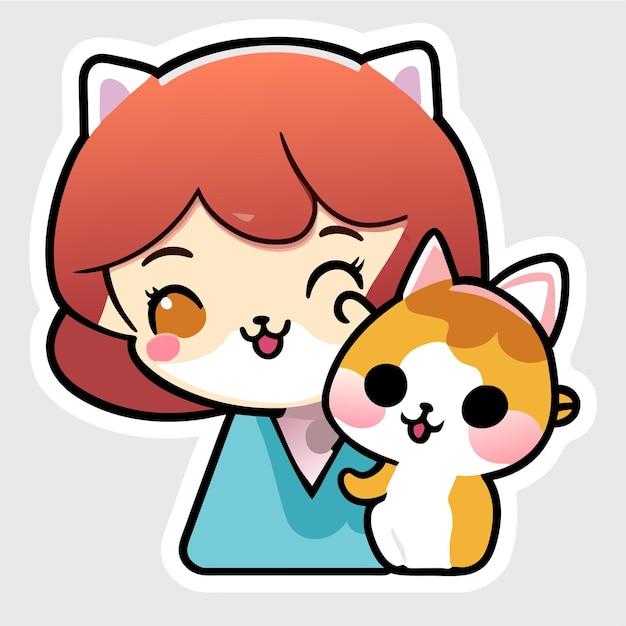Plik wektorowy Ładna dziewczyna i kot kawaii ręcznie rysowane kreskówka naklejka ikona koncepcja na białym tle ilustracja