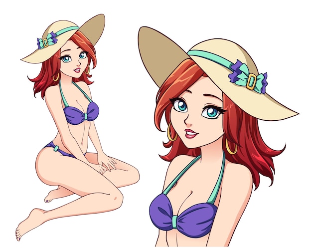 Plik wektorowy Ładna dziewczyna kreskówka na sobie fioletowy strój kąpielowy i letni kapelusz. rude włosy, duże niebieskie oczy