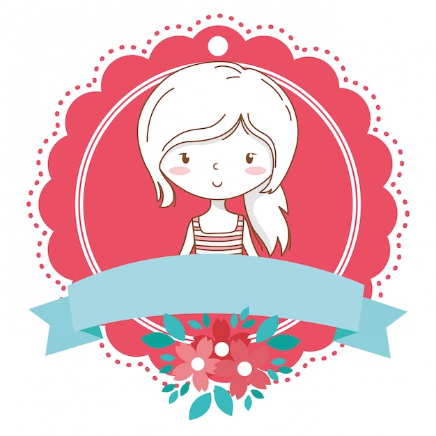 Plik wektorowy Ładna dziewczyna kreskówka stylowy strój portret kwiat kwiatowy rama
