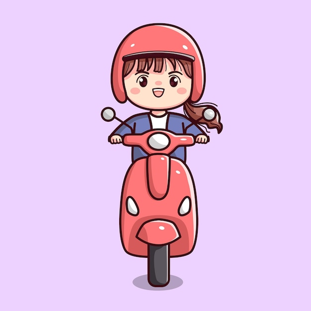 Ładna Dziewczyna Lub Kobieta Jazda Motocyklem Skuter Płaski Zarys Postać Z Kreskówki Chibi Kawaii