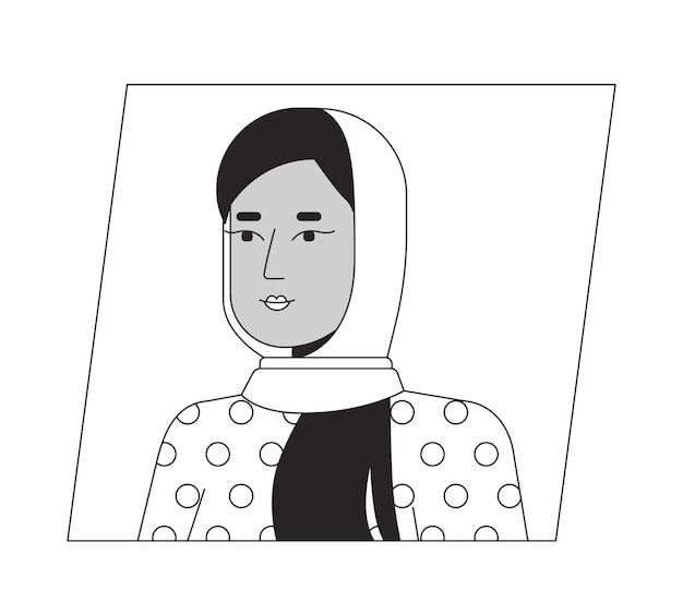 Ładna Kobieta W Hidżabie Czarny Biały Kreskówka Ikona Awatara Młoda Dorosła Muzułmanka Edytowalna Postać 2d Portret Użytkownika Liniowa Płaska Ilustracja Profil Twarzy Wektora Zarys Głowy I Ramion Osoby