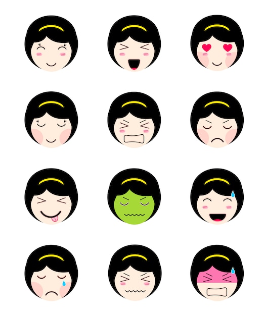 Ładna Kolekcja Emoji. Kawaii Asian Girl Twarz Różne Nastroje