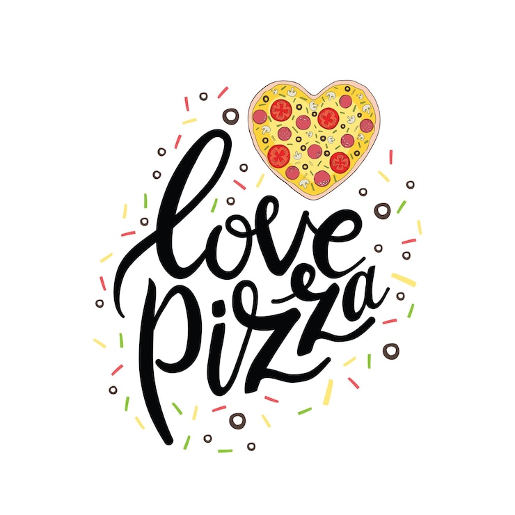 Ładna miłość kartkę z życzeniami z kolorowej kaligrafii, napis tekst, gryzmoły i serca. Kocham cię bardziej niż pizzę. Ręcznie rysowane wektor romantyczna ilustracja sztuki w stylu kreskówki