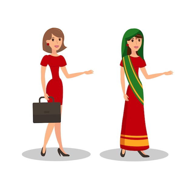 Plik wektorowy Ładne kobiety w sukni płaskiego koloru ilustraci