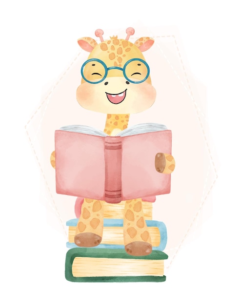 Plik wektorowy Ładny akwarela szczęśliwy nerd dziecko żyrafa czytanie książki na ułożonej książce powrót do szkoły kreskówka dzieciństwo zwierzę dzikość akwarela wektor