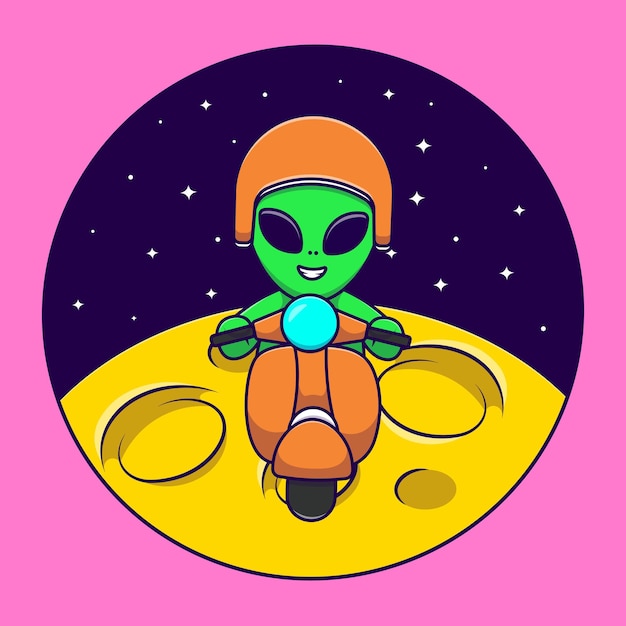 Ładny Alien Jazda Skuterem Na Księżyc Kreskówka Wektor Ikony Ilustracja