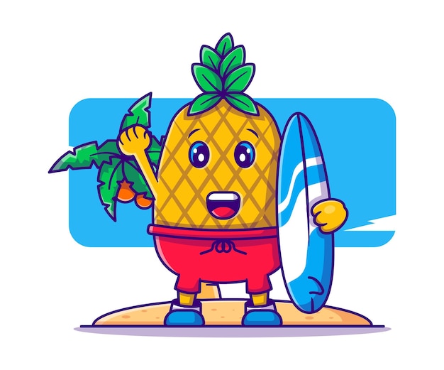 Plik wektorowy Ładny ananas zadowolony z ilustracji kreskówka deska surfingowa na lato