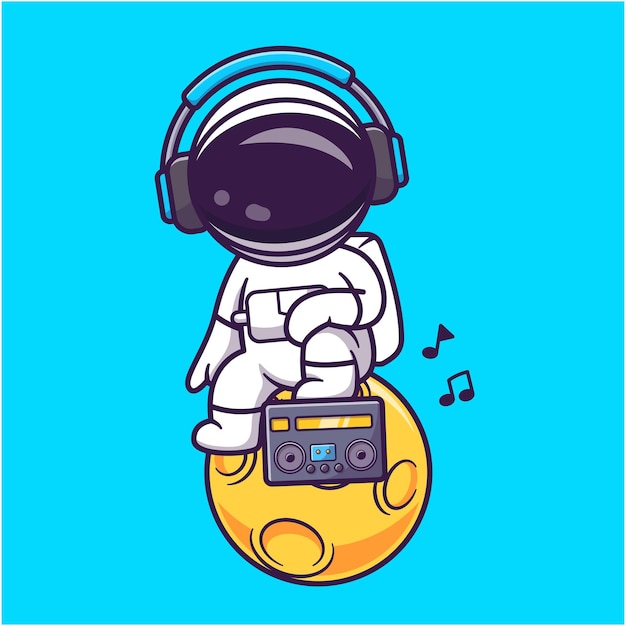 Ładny astronauta słuchania muzyki z boomboxem na księżycu kreskówka wektor ikona ilustracja muzyka naukowa