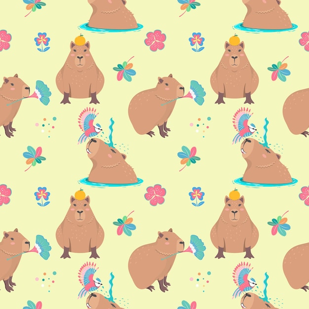 Ładny bezszwowy wzór z capybara_bird i floral_Perfect dla greeting card design i baby shower