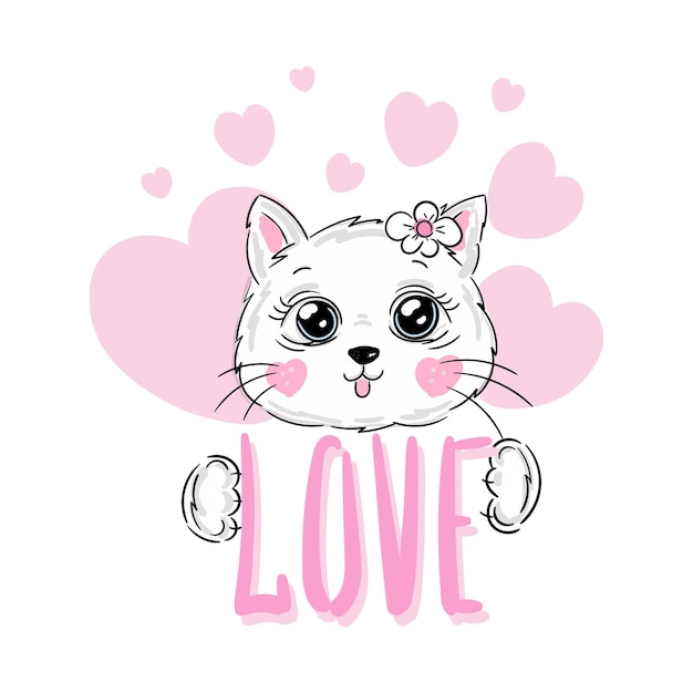 Ładny Biały Kot I Napis Love Design Print Dla Tshirt Vector Illustration Pink Hearts