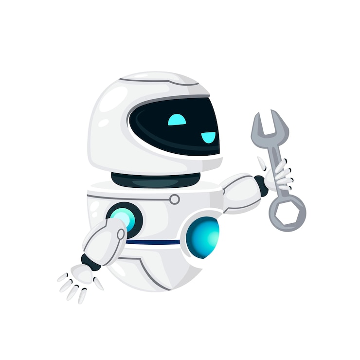 Wektor ładny biały nowoczesny robot lewitujący w górę podniesioną rękę i trzymając klucz płaski wektor ilustracja na białym tle.